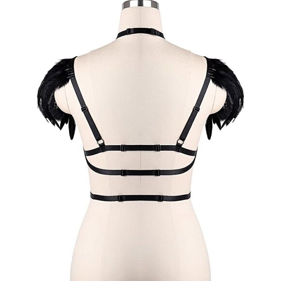 BLACK Layered Chest Feathers Body Harness Bra Gothic Rave Party Nightclub NWT - Picture 4 of 5